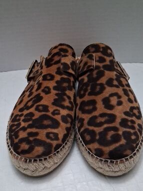 GAIMO size 39 (US 9) Women's Leather Leopard Print Espadrille Mules With Buckle.